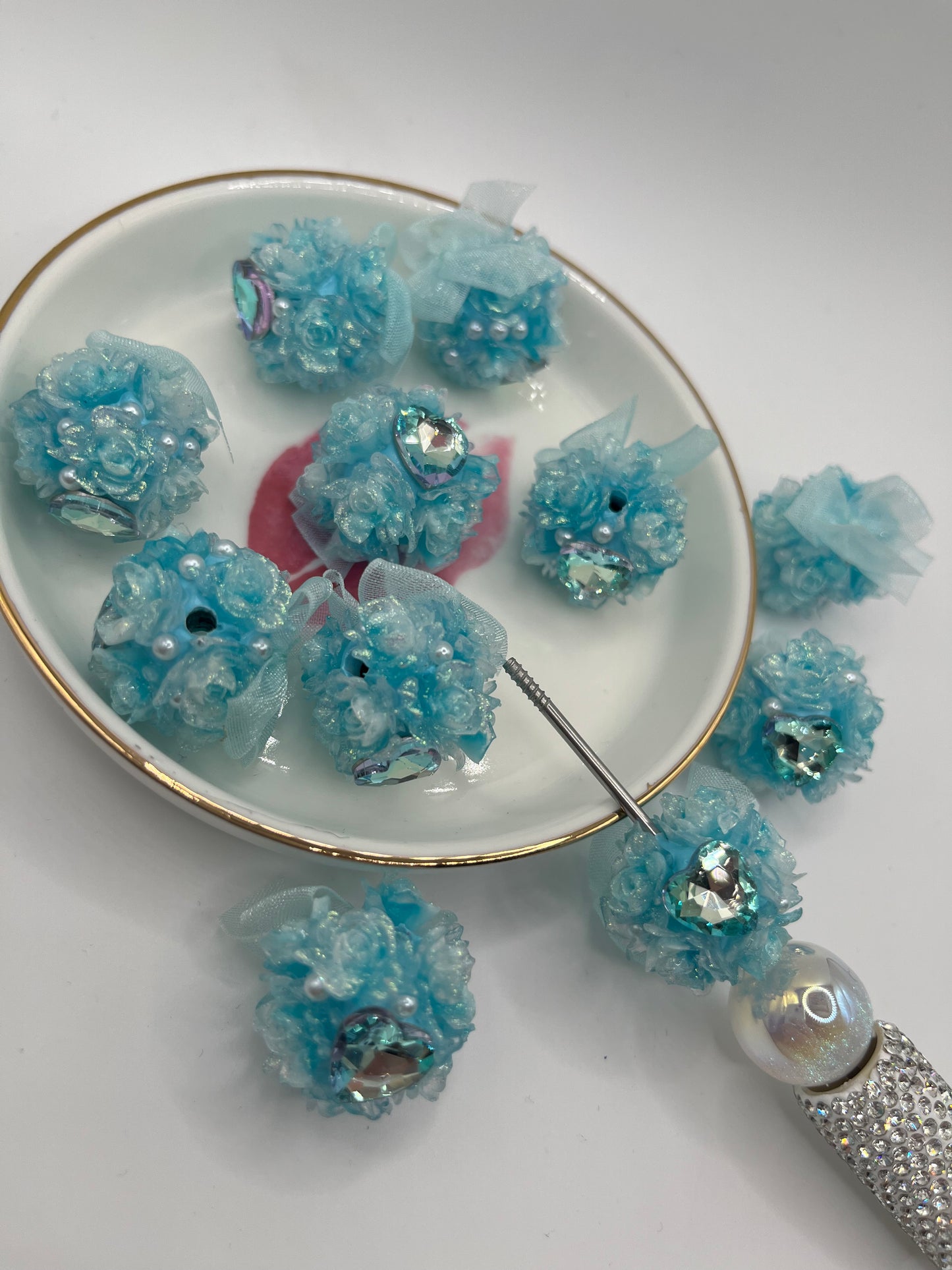 5pc Blue Jeweled Flower Fancy Bead