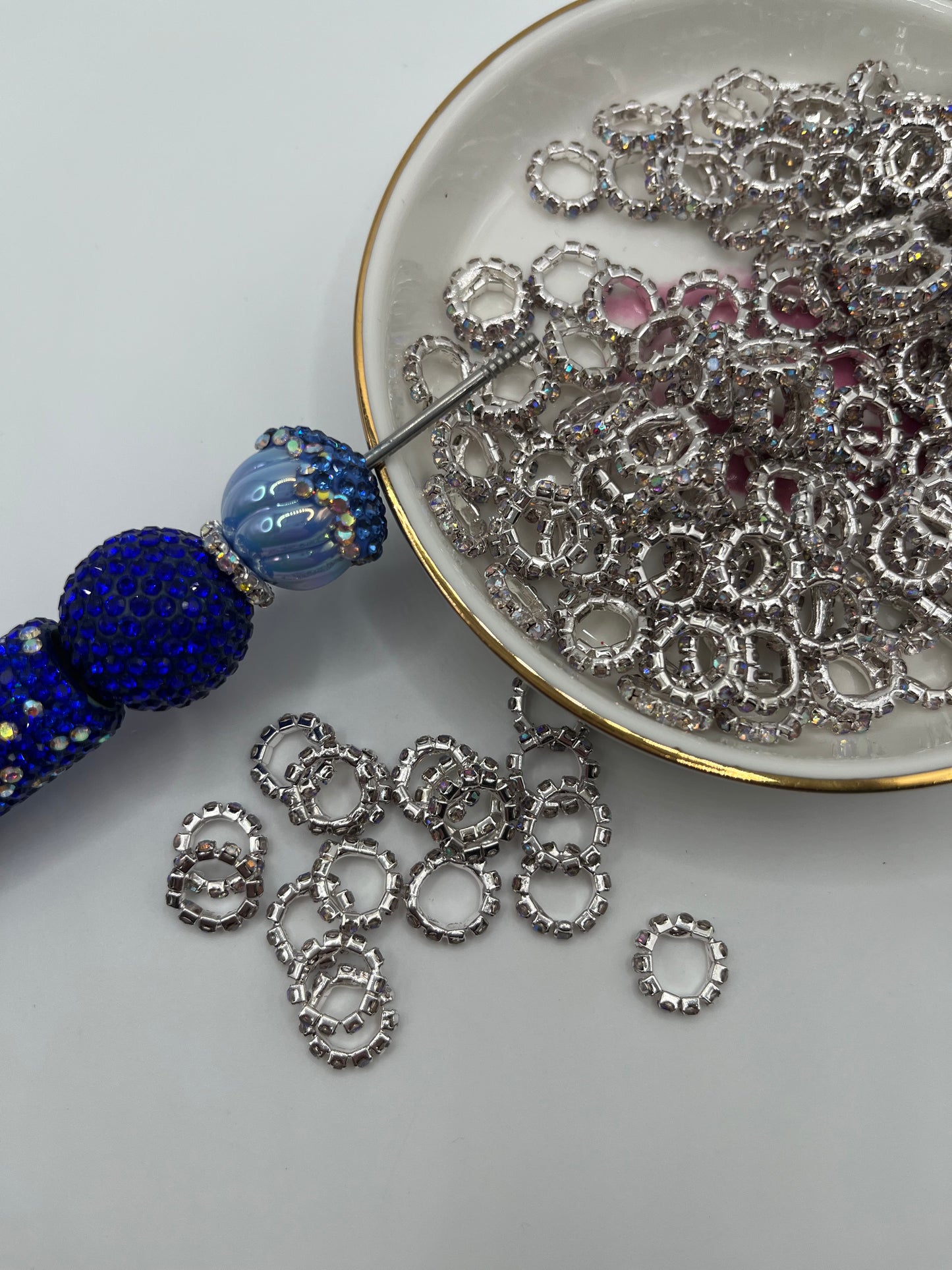 20pcs Thin Silver Spacer W/ Iridescent Stones