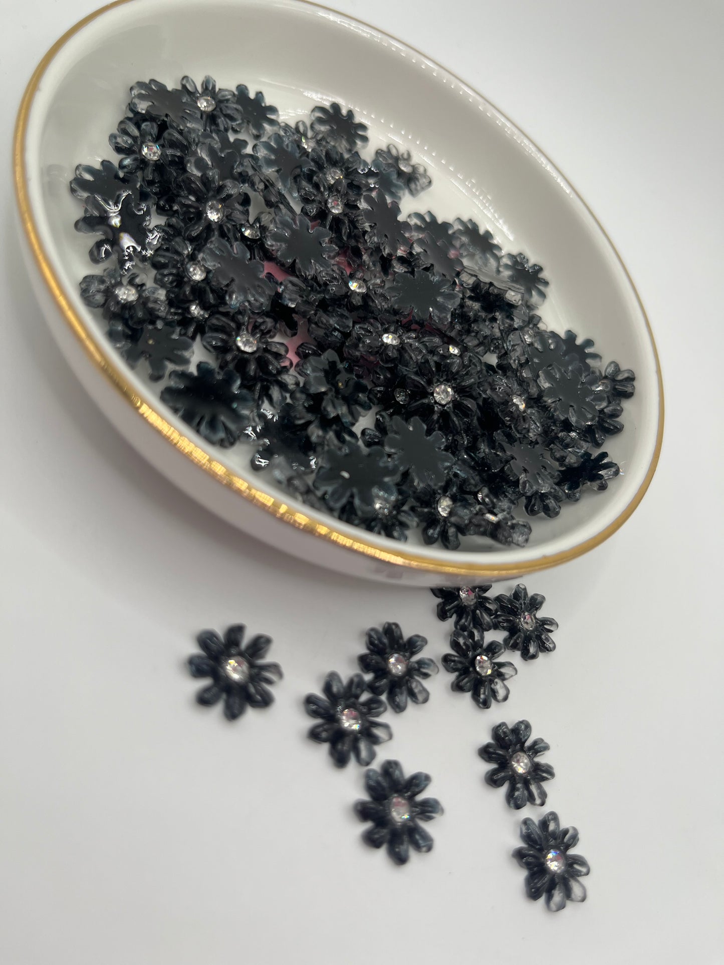 100pc Black Rhinestone Flower Nail Charm
