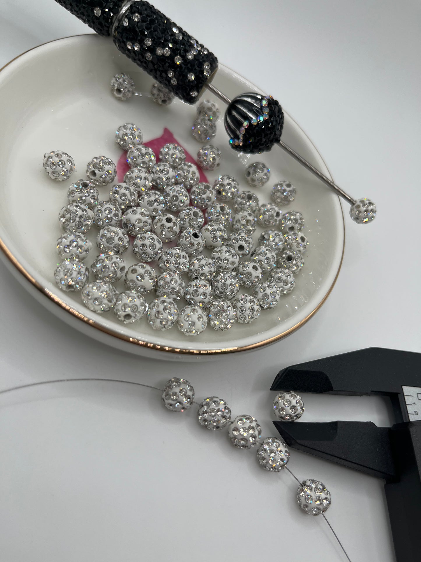 50pc 8mm Silver Rhinestone Clay Bead