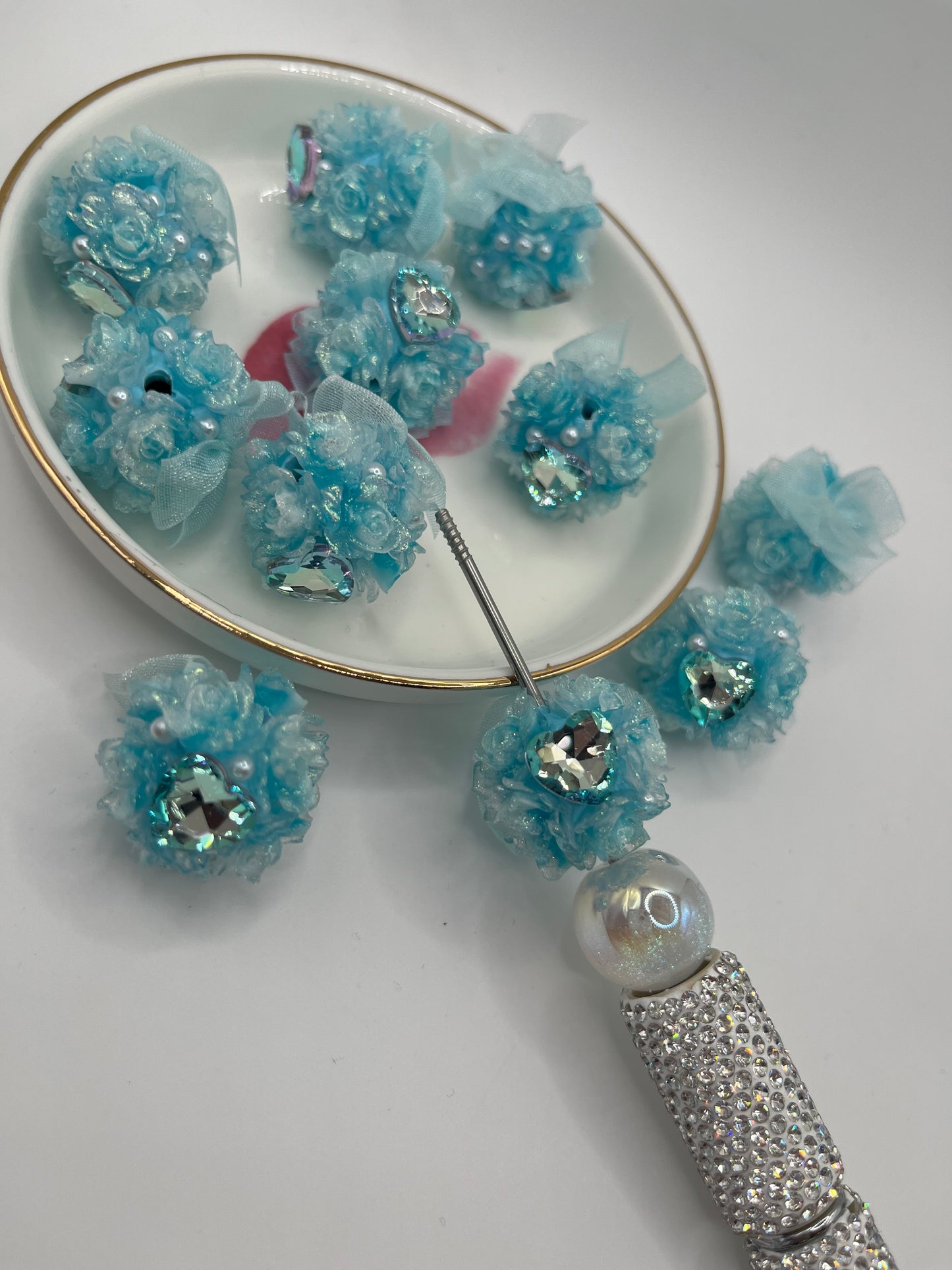 5pc Blue Jeweled Flower Fancy Bead