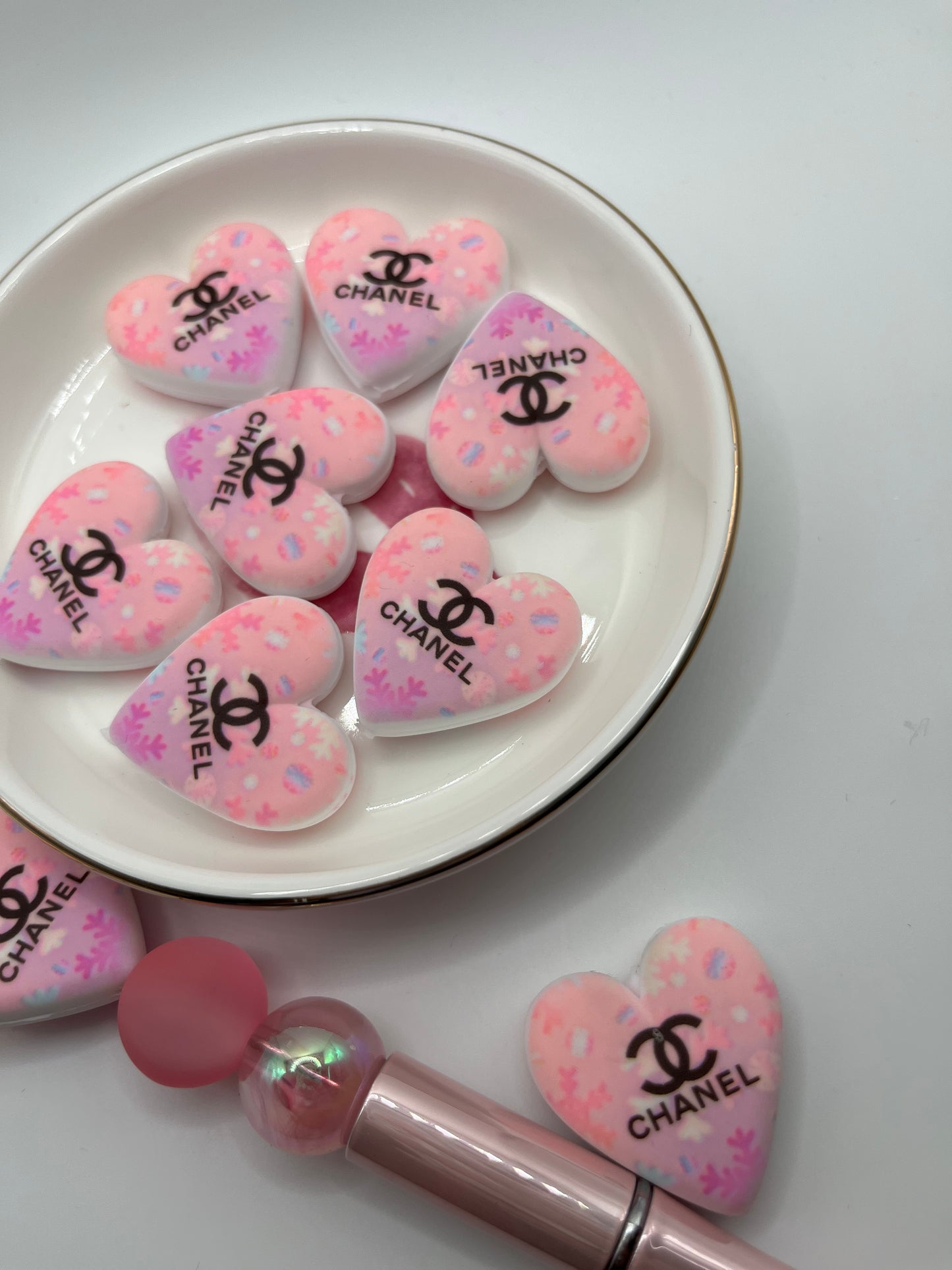 1pc CC Pink Snowflake Silicone Heart Bead