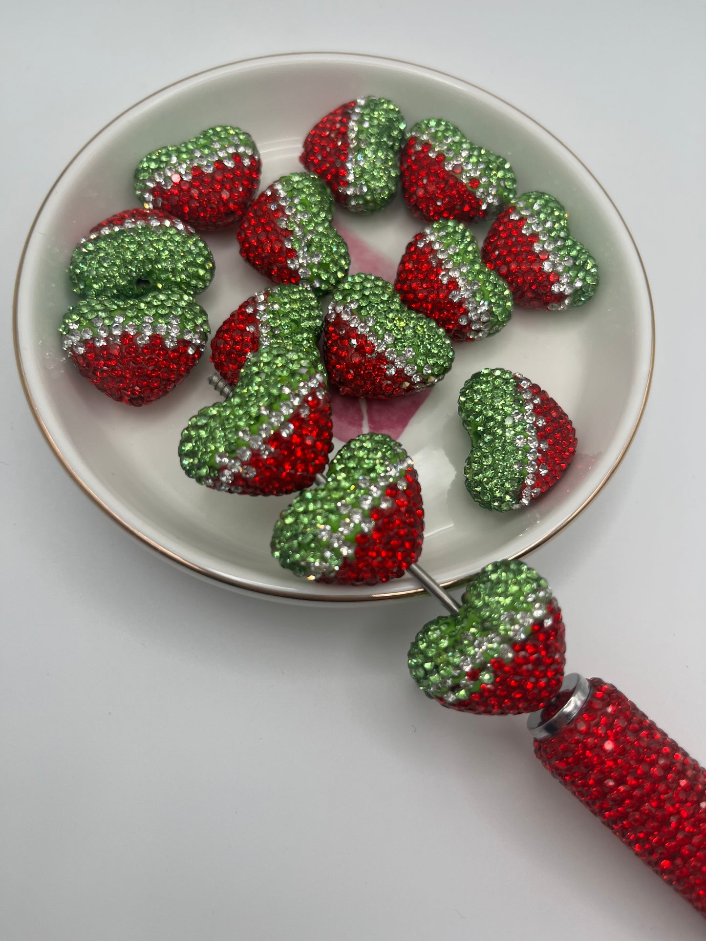 4pc [Green/Clear/Red] Rhinestone Heart Bead