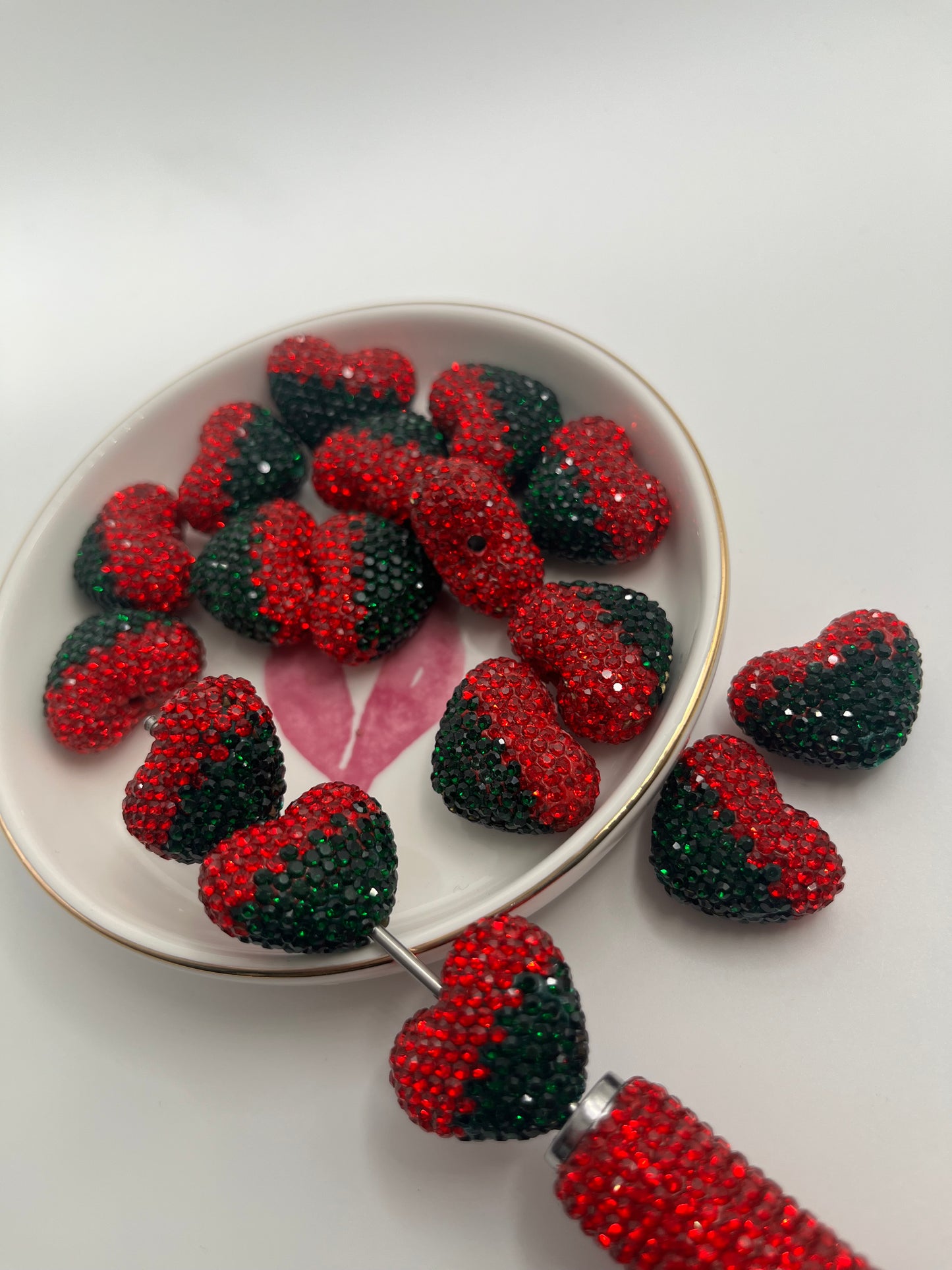 4pc [Green/Red] Rhinestone Heart Bead
