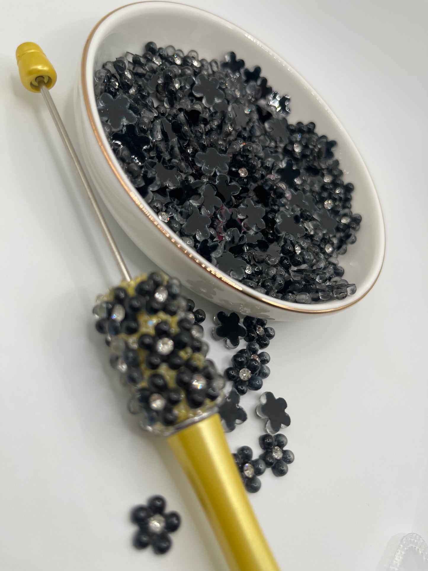 100pc Black Flower W/ Rhinestone Nail Charm