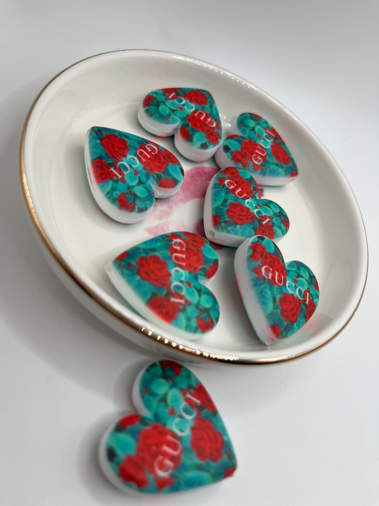 1pc GG Inspired (Red Flower) Silicone Heart Bead